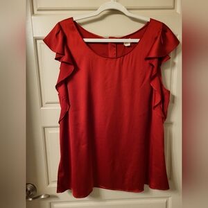 LOFT Collection Red Ruffle Sleeve Top With Grosgrain Zipper Back Worn Once!